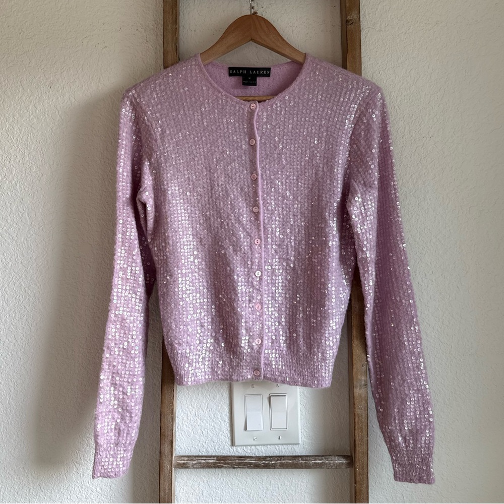 Ralph Lauren Black Label Lilac All Over Sequined Cashmere Cardigan NWT Sz: Med